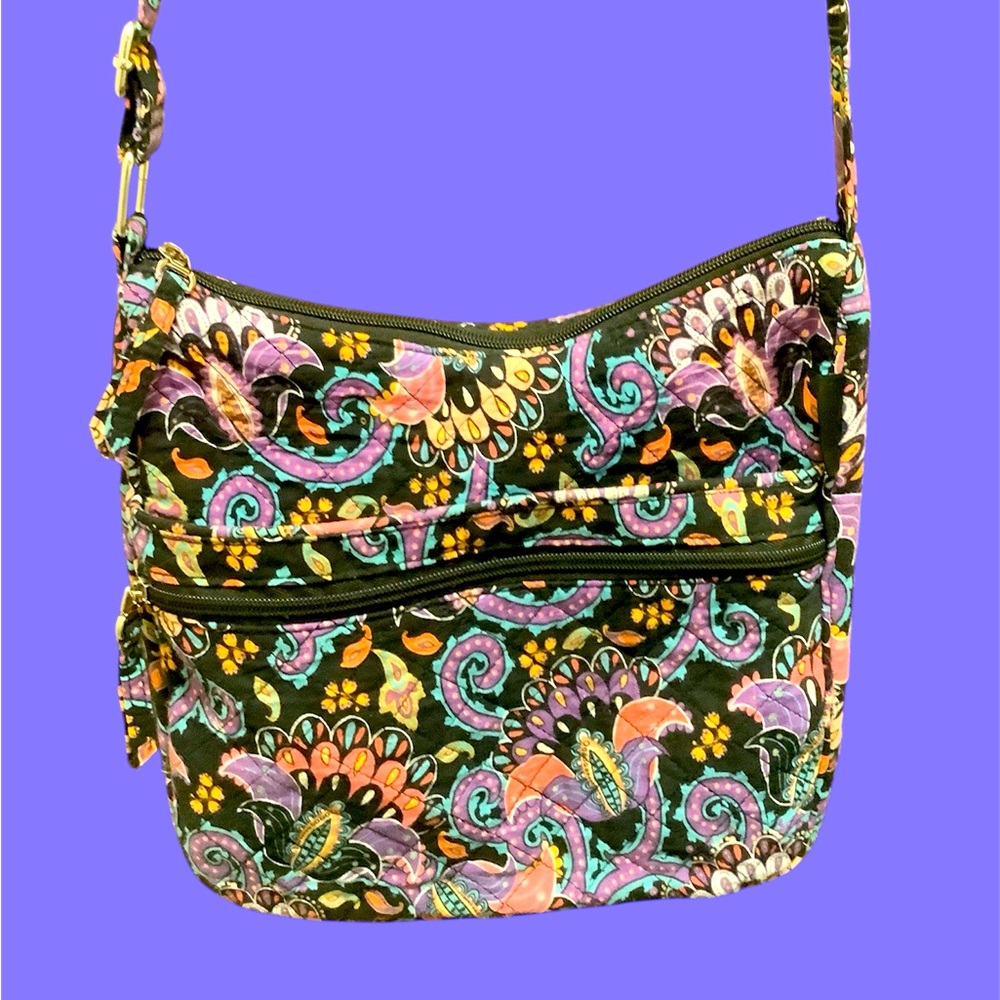 Colorful Black and Purple Floral QUILTED Crossbody Bag, Adjustable Strap. NEW!